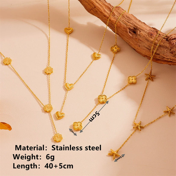 Titanium Steel Fourleaf Clover Starfish Love Tassel Pendant Necklace For Women With Geometric Pattern