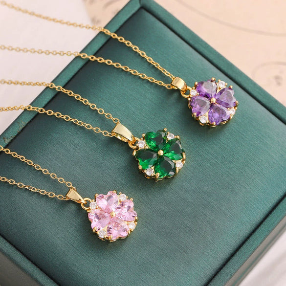 Titanium Steel Fourleaf Clover Zircon Pendant Necklace Mixed Gemstone Inlay Geometric Style Oshaped Chain Jewelry For Women Electroplated