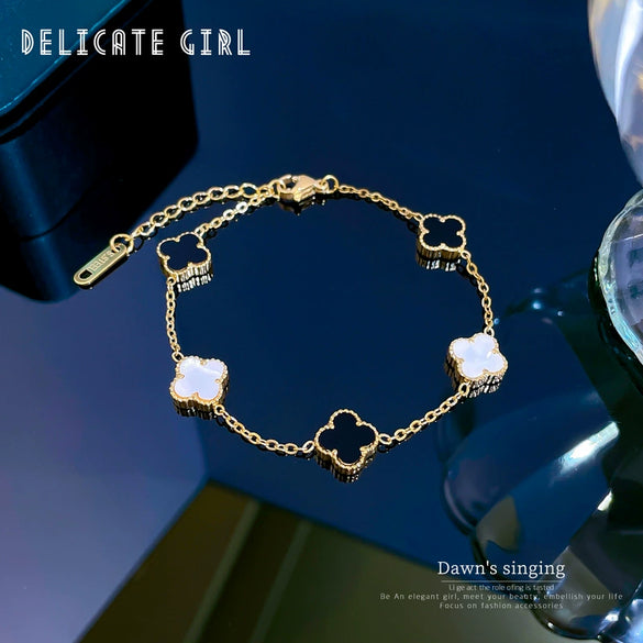 Titanium Steel Fourleaf Flower Constellation Gold Inlaid Minimalist Chain Bracelet For Women
