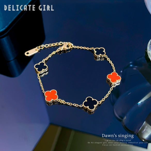 Titanium Steel Fourleaf Flower Constellation Gold Inlaid Minimalist Chain Bracelet For Women