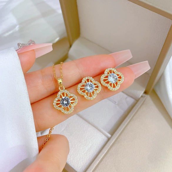 Titanium Steel Fourleaf Flower Diamond Microencrusted Electroplated Jewelry Set For Women