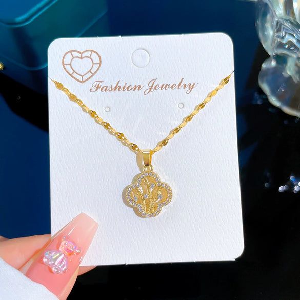 Titanium Steel Fourleaf Flower Geometric Full Diamond Women's Necklace