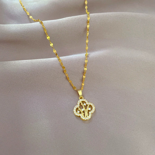 Titanium Steel Fourleaf Flower Geometric Full Diamond Women's Necklace