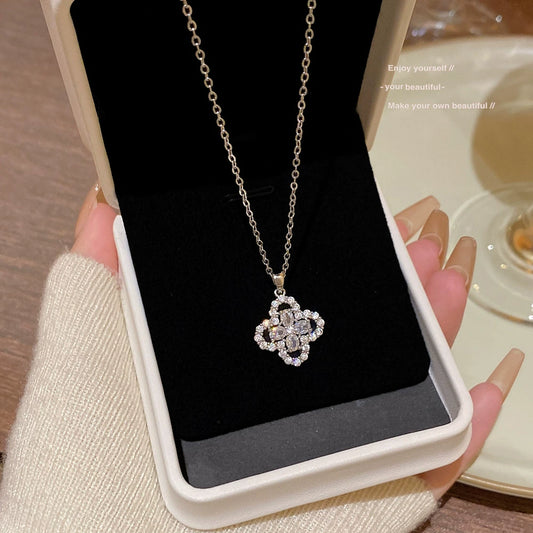 Stainless Steel Fourleaf Flower Pendant Necklace For Women With Mixed Gemstone Setting And Electroplating Design