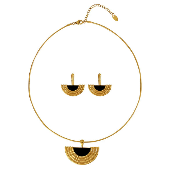 316L Stainless Steel French Retro Geometric Plant Flowers Gold Inlaid Earrings And Necklace Set For Women