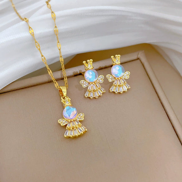Titanium Steel Geometric Angel Aurora Jewelry Set With Electroplating For Women