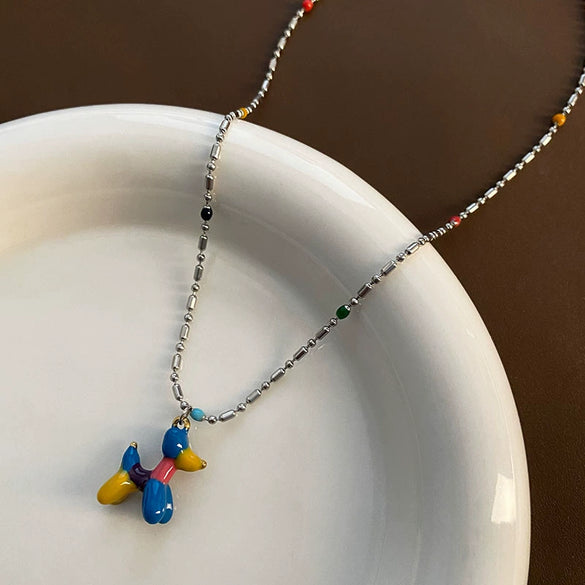Titanium Steel Geometric Animal Dog Pendant Clavicle Chain With Electroplating Design