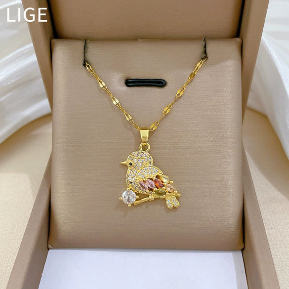 Titanium Steel Geometric Bird Necklace With Diamond Micropaved Zircon And Real Gold Electroplating Cartoon Style