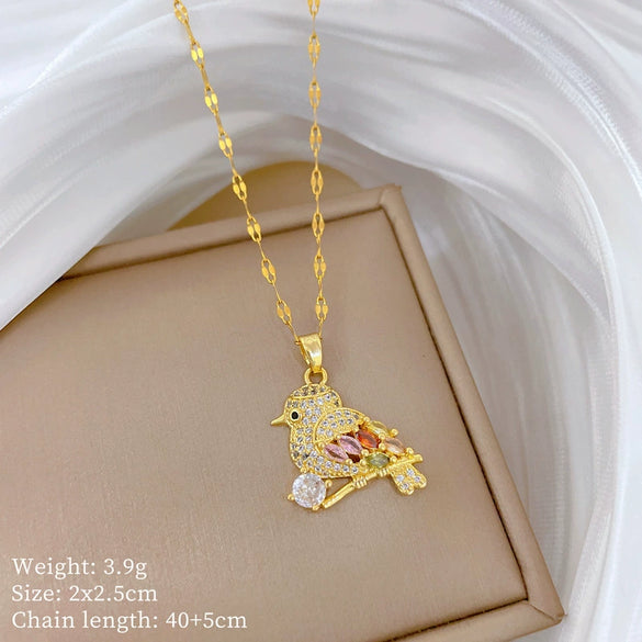 Titanium Steel Geometric Bird Necklace With Diamond Micropaved Zircon And Real Gold Electroplating Cartoon Style
