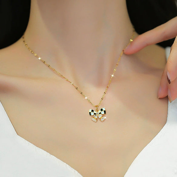 Titanium Steel Geometric Butterfly Zircon Inlaid Real Gold Necklace For Women
