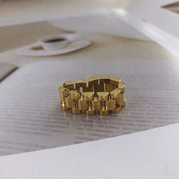 Titanium Steel Geometric Chain Ring For Women Gold Inlaid Hip Hop Style Statement Jewelry