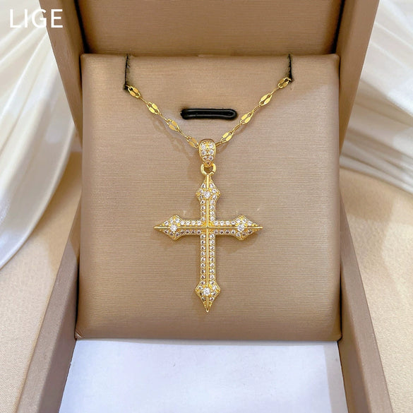 Titanium Steel Geometric Cross Micropaved Diamond Cartoon Necklace For Women