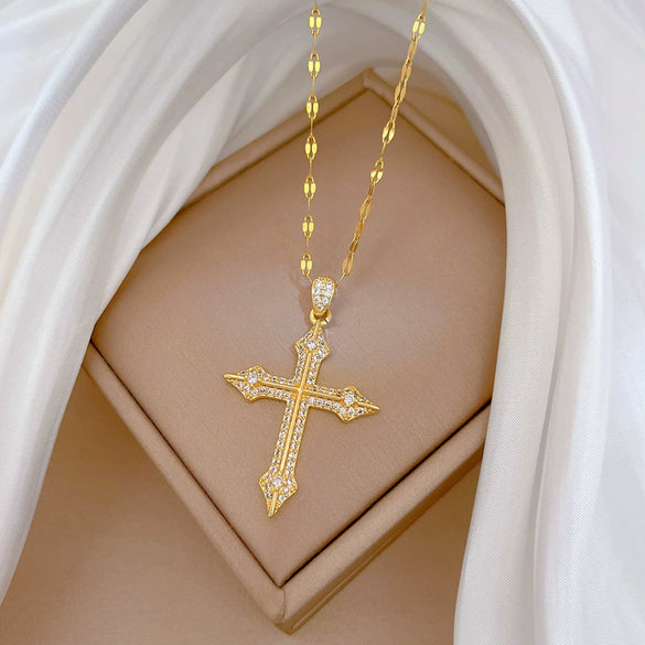 Titanium Steel Geometric Cross Micropaved Diamond Cartoon Necklace For Women