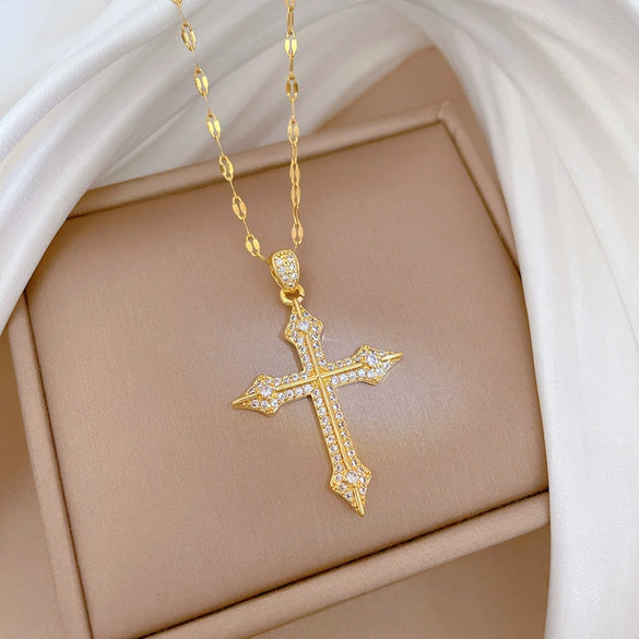 Titanium Steel Geometric Cross Micropaved Diamond Cartoon Necklace For Women