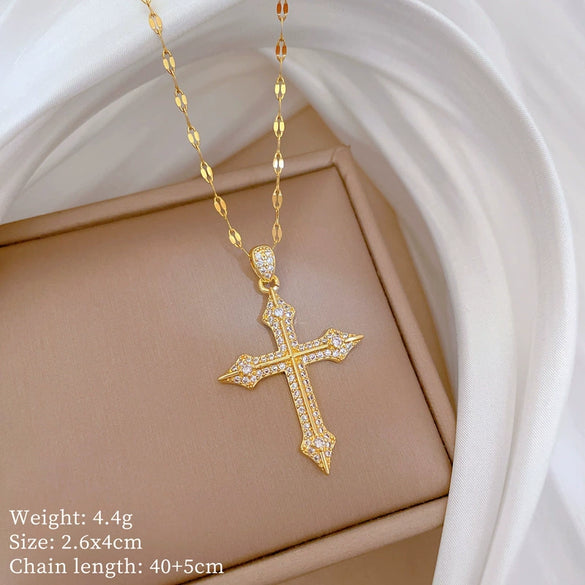 Titanium Steel Geometric Cross Micropaved Diamond Cartoon Necklace For Women