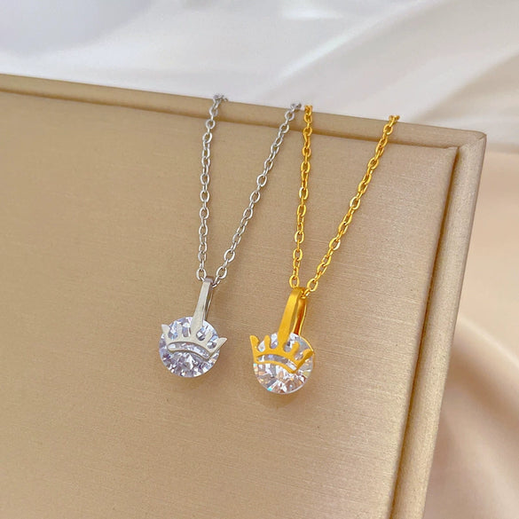 Titanium Steel Geometric Crown Zircon Electroplated Unisex Necklace