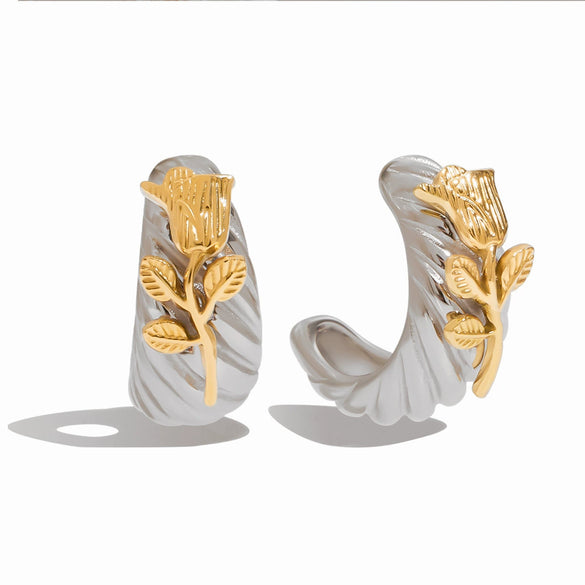 Titanium Steel Geometric Cshaped Electroplated Earrings With Rose Gold And Silver Color Matching For Women
