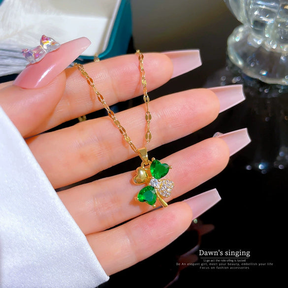 Titanium Steel Geometric Diamond Micro Set Zircon Emerald Four Break Flower Pendant Necklace Copper Plated Gold