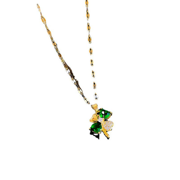 Titanium Steel Geometric Diamond Micro Set Zircon Emerald Four Break Flower Pendant Necklace Copper Plated Gold