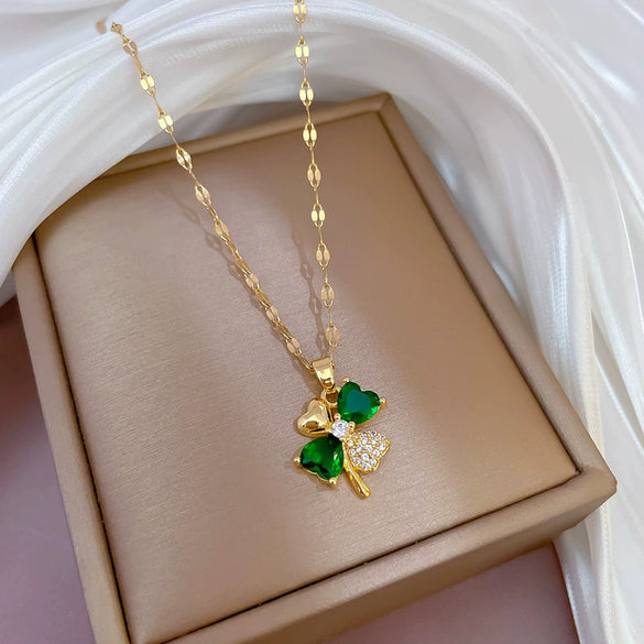Titanium Steel Geometric Diamond Micro Set Zircon Emerald Four Break Flower Pendant Necklace Copper Plated Gold