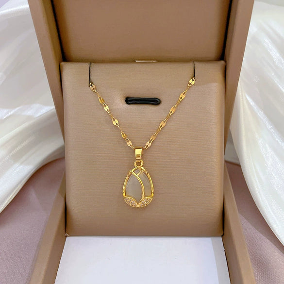 Titanium Steel Geometric Diamond Micro Zircon Tulip Opel Pendant Necklace For Women