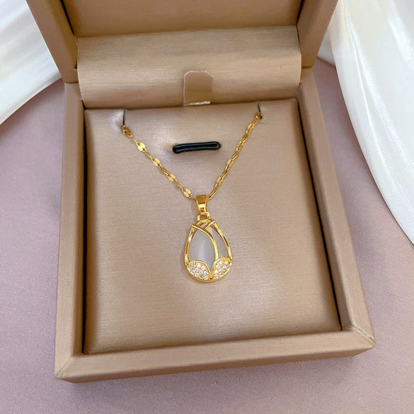 Titanium Steel Geometric Diamond Micro Zircon Tulip Opel Pendant Necklace For Women