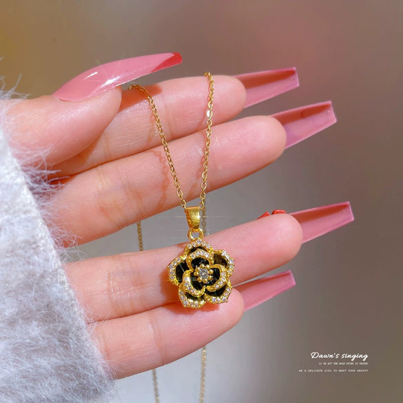Titanium Steel Geometric Diamond Microencrusted Camellia Necklace For Women Ochain Accessory