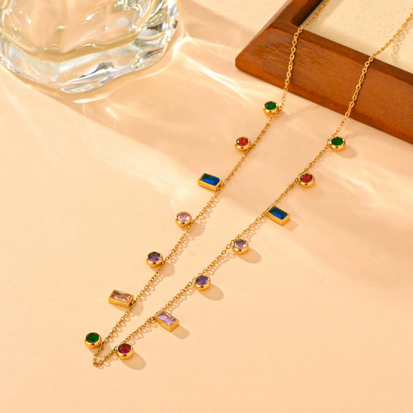 Titanium Steel Geometric Diamond Necklace And Bracelet Set