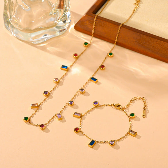 Titanium Steel Geometric Diamond Necklace And Bracelet Set