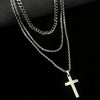 Titanium Steel Geometric Double Layer Cross Pendant Necklace With Cuban Chain And Electroplating Treatment