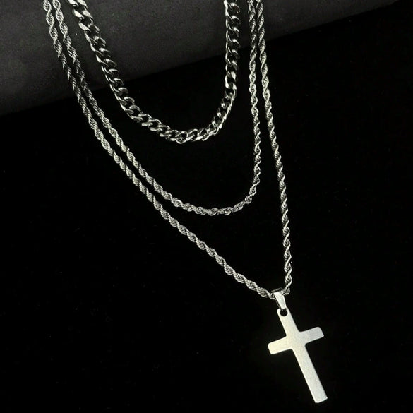 Titanium Steel Geometric Double Layer Cross Pendant Necklace With Cuban Chain And Electroplating Treatment