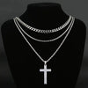 Titanium Steel Geometric Double Layer Cross Pendant Necklace With Cuban Chain And Electroplating Treatment