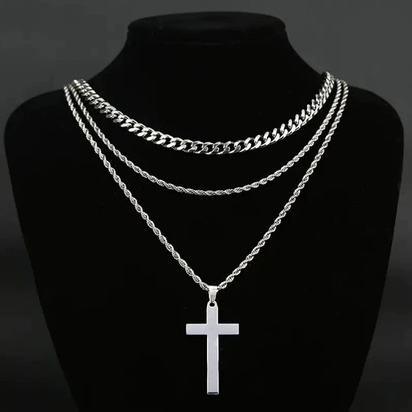 Titanium Steel Geometric Double Layer Cross Pendant Necklace With Cuban Chain And Electroplating Treatment