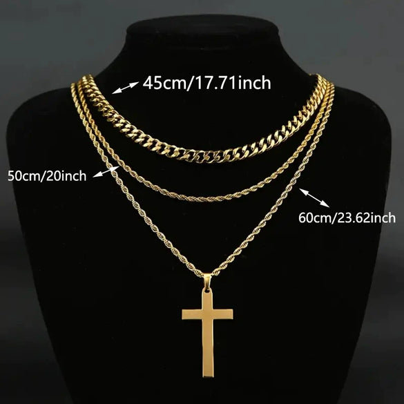 Titanium Steel Geometric Double Layer Cross Pendant Necklace With Cuban Chain And Electroplating Treatment