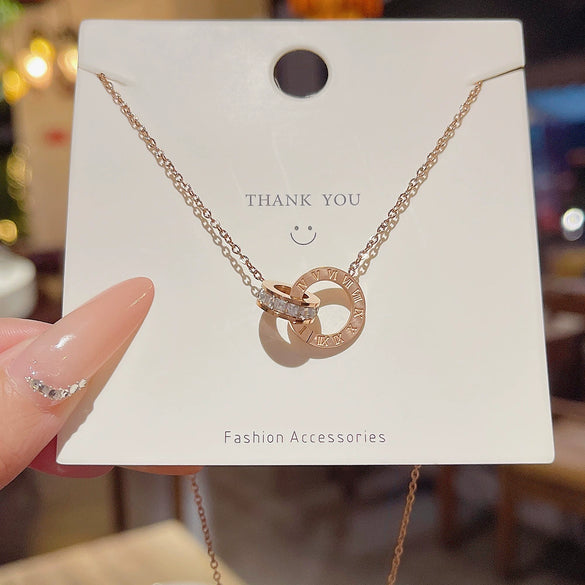 Titanium Steel Geometric Double Ring Circle Clavicle Necklace With Zirconia Design For Women