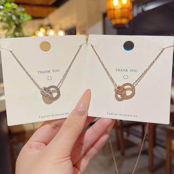 Titanium Steel Geometric Double Ring Circle Clavicle Necklace With Zirconia Design For Women