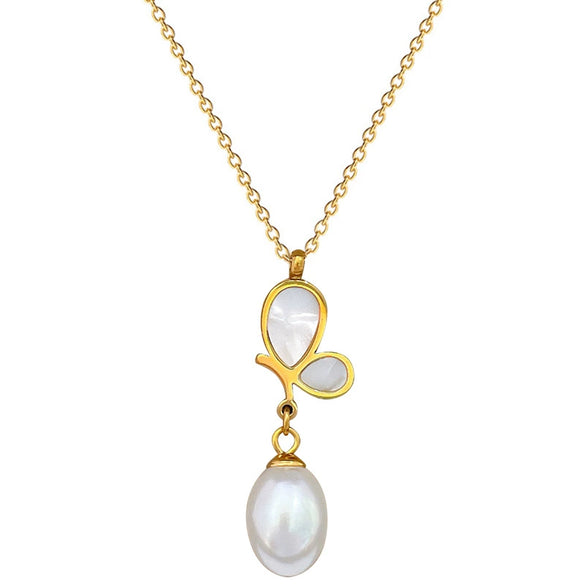 Titanium Steel Geometric Electroplated Butterfly Pearl Shell Clavicle Necklace