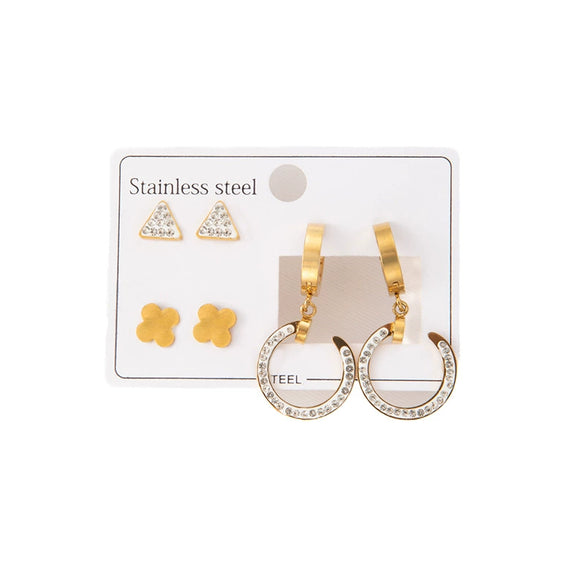 Titanium Steel Geometric Electroplated Women's Earrings Set With Four Leaf Flower And Circle Triangle Designs