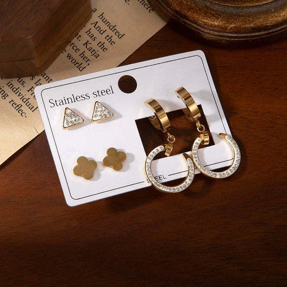 Titanium Steel Geometric Electroplated Women's Earrings Set With Four Leaf Flower And Circle Triangle Designs