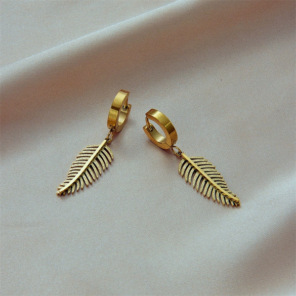 Titanium Steel Geometric Feather Pendant Jewelry Electroplated Women's Ear Studs Simple Natural Style