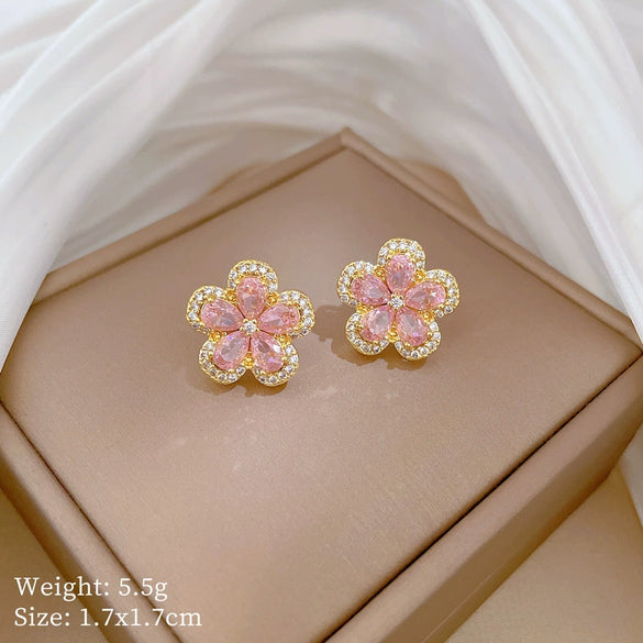 Titanium Steel Geometric Five Leaf Flower Micro Inlaid Electroplated Women's Necklace Earrings Set