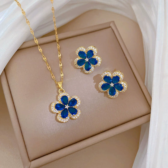 Titanium Steel Geometric Five Leaf Flower Micro Inlaid Electroplated Women's Necklace Earrings Set