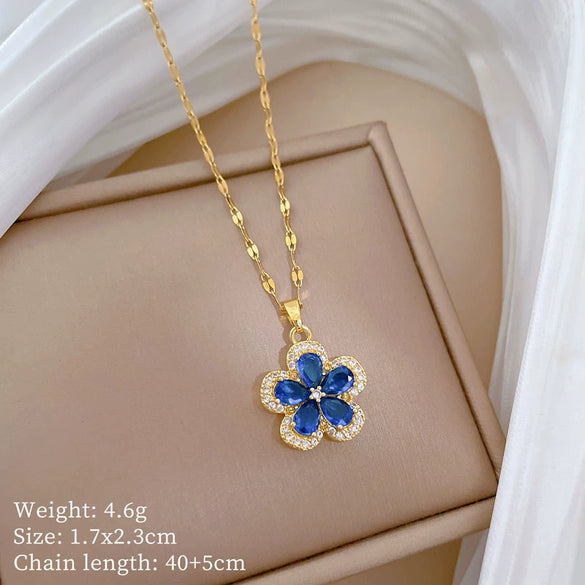 Titanium Steel Geometric Five Leaf Flower Micro Inlaid Electroplated Women's Necklace Earrings Set