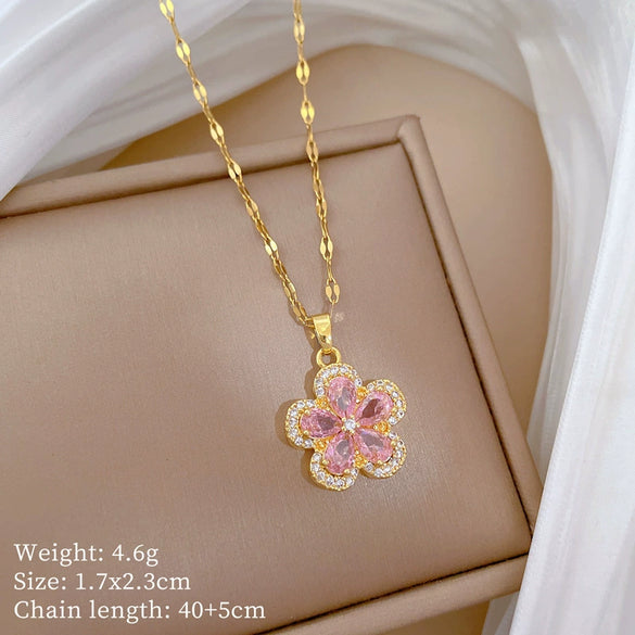 Titanium Steel Geometric Five Leaf Flower Micro Inlaid Electroplated Women's Necklace Earrings Set