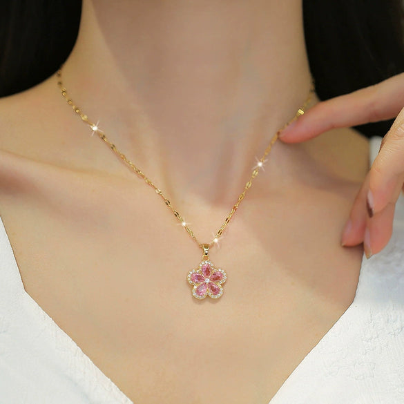 Titanium Steel Geometric Five Leaf Flower Micro Inlaid Electroplated Women's Necklace Earrings Set
