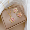 Titanium Steel Geometric Five Leaf Flower Micro Inlaid Electroplated Women's Necklace Earrings Set