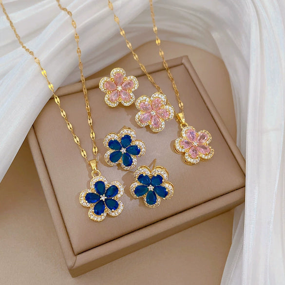 Titanium Steel Geometric Five Leaf Flower Micro Inlaid Electroplated Women's Necklace Earrings Set
