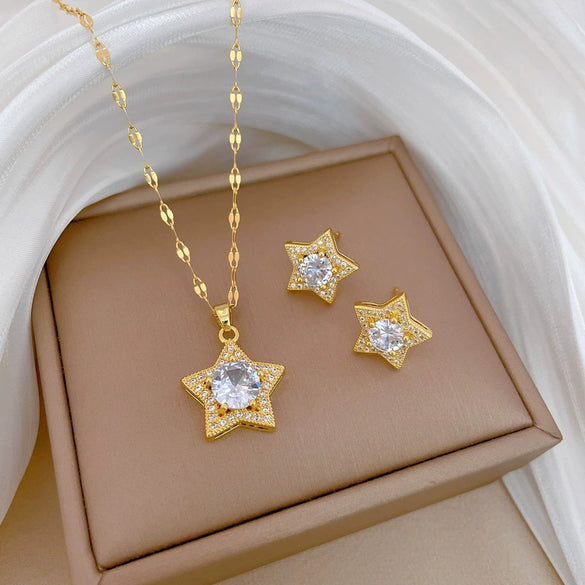Titanium Steel Geometric Fivepointed Star Zircon Jewelry Set With Electroplating For Women