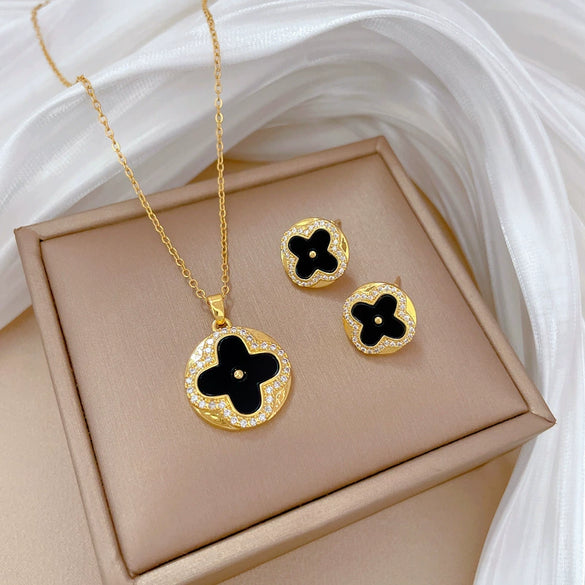 Titanium Steel Geometric Four Leaf Flower Zircon Electroplating Women's Necklace Earrings Set