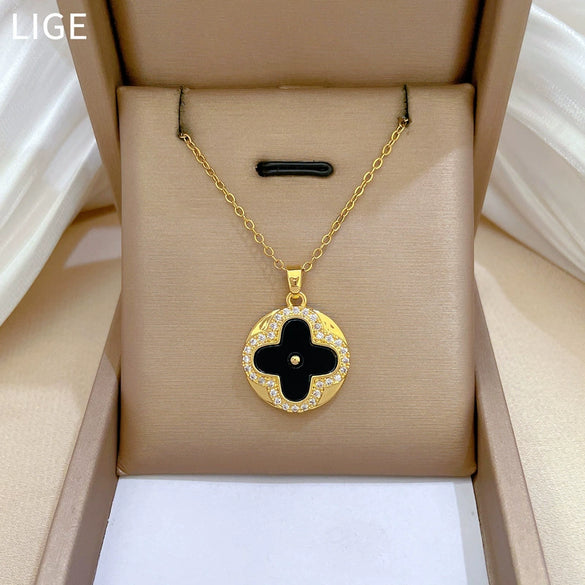 Titanium Steel Geometric Four Leaf Flower Zircon Electroplating Women's Necklace Earrings Set